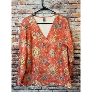 Noracora long sleeve orange floral top blouse women's size medium